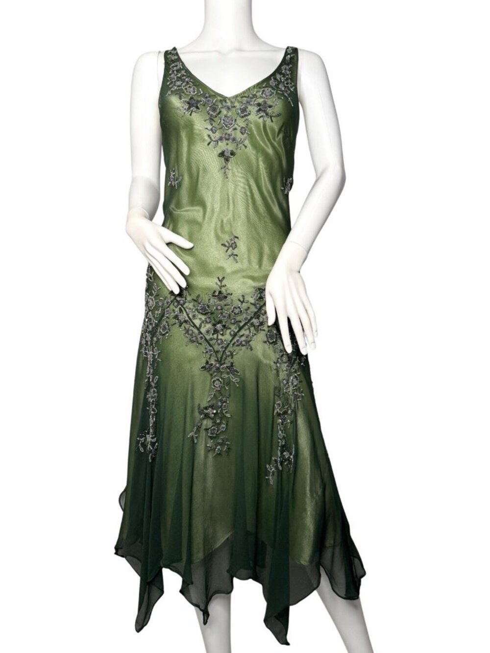 Scala Size M Silk Moss Green Sequined Mid Dress Sleeveless